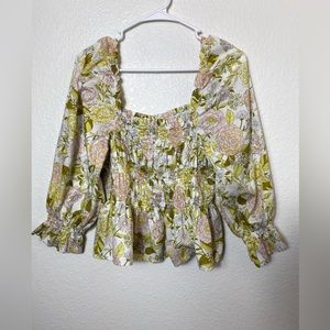 Who What Wear Floral Smocked Top - Green and Pink